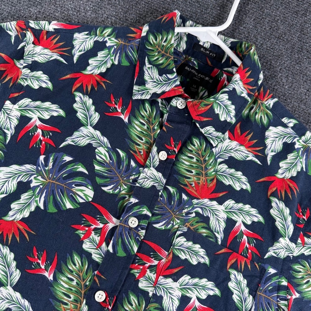 Banana Republic Button Up Mens M Medium Blue Tropical Floral Linen Cotton Slim